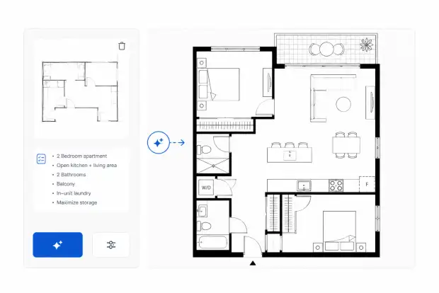 AI floor plan generation workflow turning a sketch and room requirements into a clean layout.