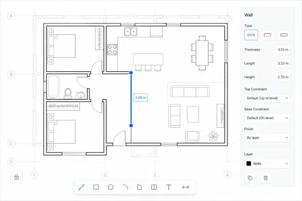 Manual 2D floor plan editor with wall dimension controls and a properties panel.