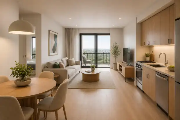 Photorealistic apartment interior render generated from a floor plan.