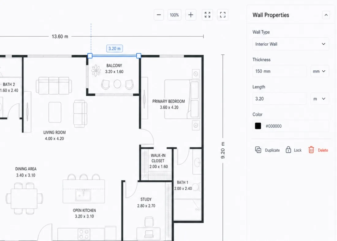 Floor plan editor with wall dimension controls and wall properties panel.