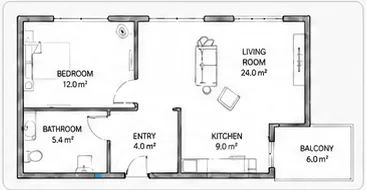 Refined two-dimensional apartment floor plan with room labels and dimensions.