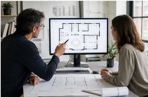 Architect and interior designer reviewing a floor plan on a desktop monitor.