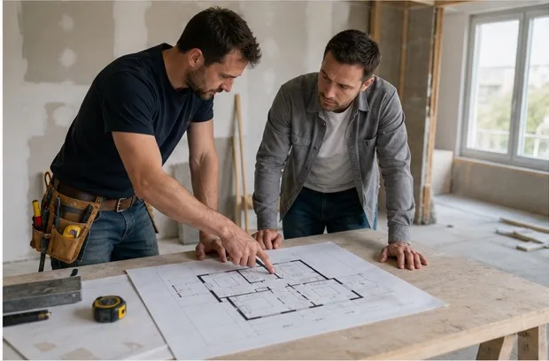 Contractors reviewing a printed floor plan inside a renovation project.
