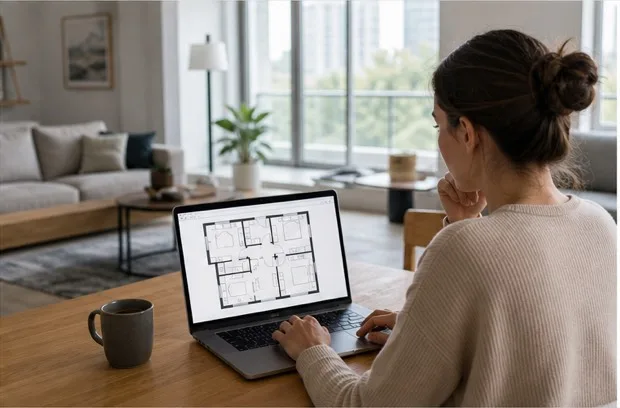 Homeowner planning a room layout with a floor plan open on a laptop.