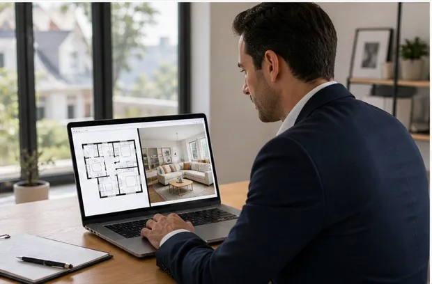 Real estate professional reviewing a floor plan and interior visualization on a laptop.