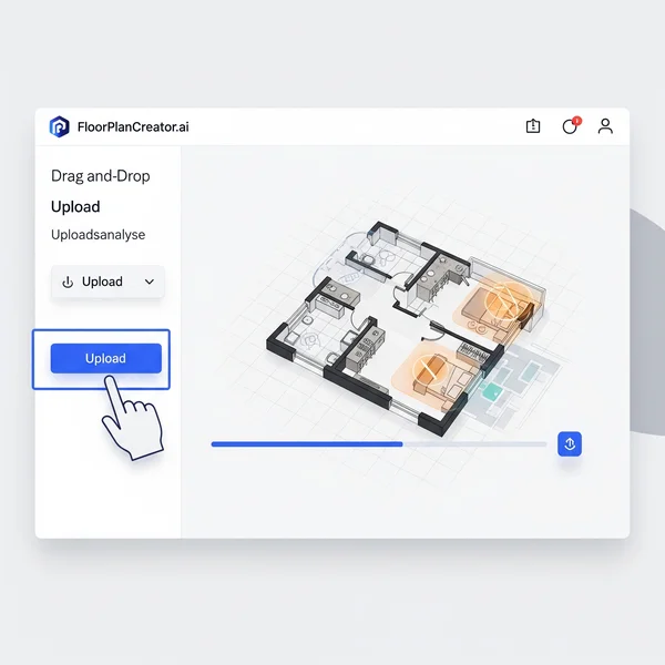 Animation showing a floor plan being uploaded to the FloorPlanCreator.ai interface for analysis.