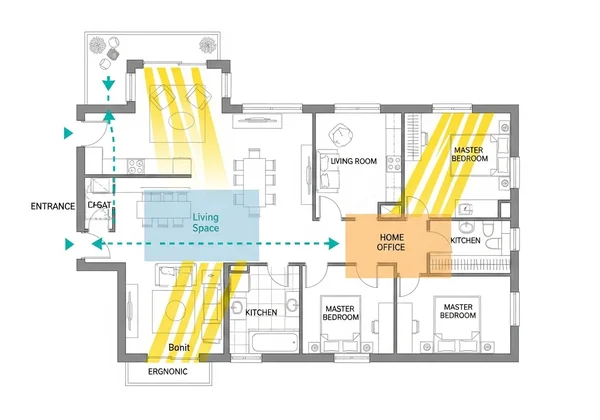 Floor plan showing traffic flow, space, and light design.