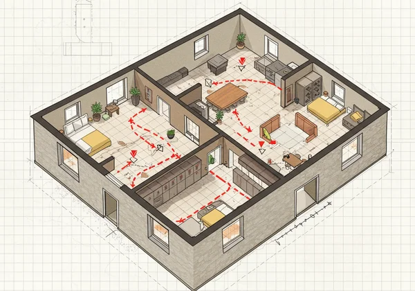 Floor plan with poor traffic flow and bottlenecks