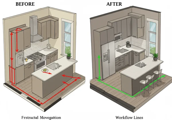 Before and after kitchen layout optimization by AI