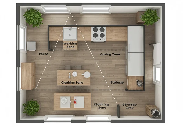 Kitchen floor plan with work triangle and zones highlighted