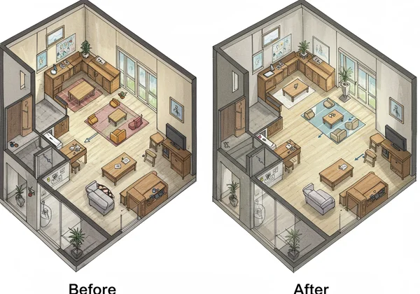 Before and after comparison of an AI-optimized floor plan