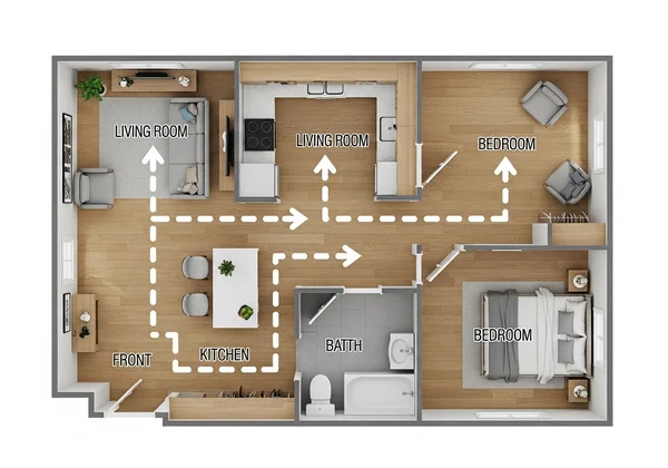 Floor plan showing clear, unobstructed traffic paths