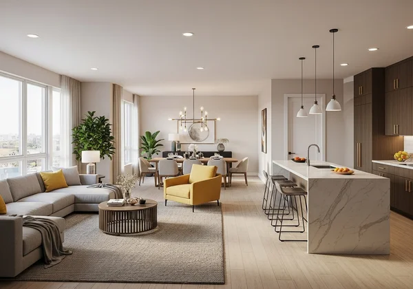 Open concept living room with zones defined by rugs