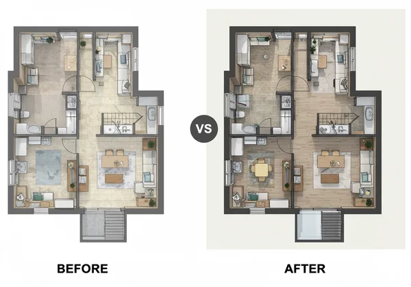 Side-by-side before and after condo layout comparison