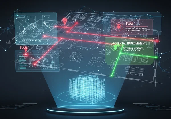 AI analyzing a home floor plan, highlighting potential flaws.