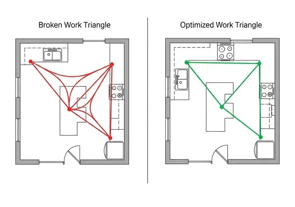 Kitchen work triangle diagram: broken vs. optimized layout.