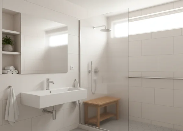 Modern bathroom with curbless shower and grab bars